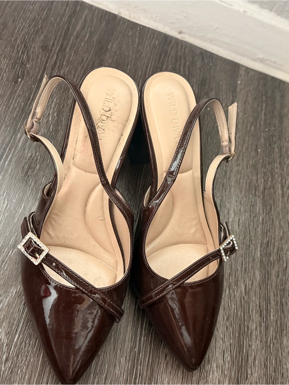 Wild Diva Dark Brown Patent Slingback Pointed Heels with Buckle